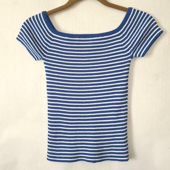 Madewell Off-the-Shoulder Sweater Top Blue White Stripes Sz S Ribbed Fitted EUC - Picture 5 of 6